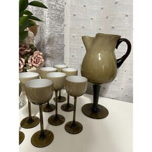 Vintage 60s Carlo Moretti Italy MCM 8 Long Stem Glasses & Pitcher Cased Smoke